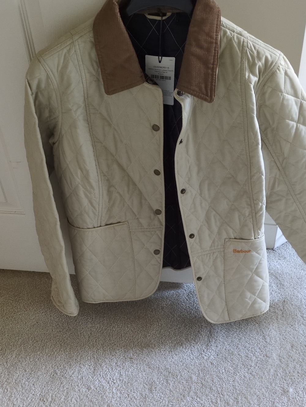 NWT - Barbour Cream Quilted Utility Jacket with Brown Cord Collar